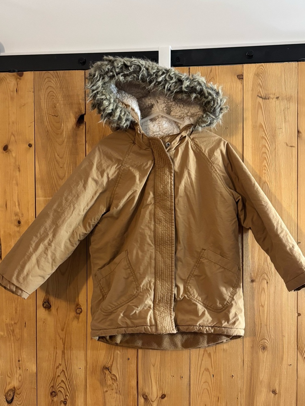 Old Navy Tan Hooded Puffer Coat with Faux-Fur Trim